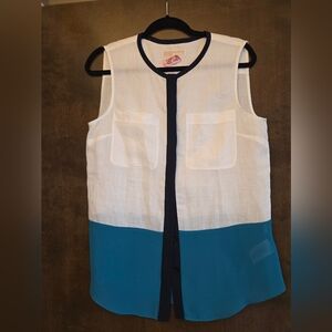 Sleeveless White and Blue Button-Up Blouse